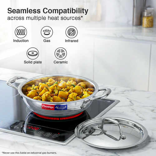 Prestige 24cm/2.7L Tri-Ply Stainless Steel Splendid Kadai with Lid|Gas and Induction Compatible|Even Heat Distribution| Thick Gauge Tri-Ply Body| Perma Cool Handles|15 Year Warranty