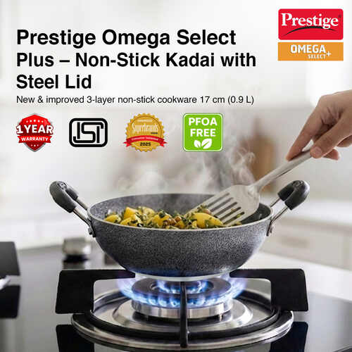 Prestige Omega Select Plus Superior Non-stick Coating Round Base Kadai with Lid, 17cm (Black)