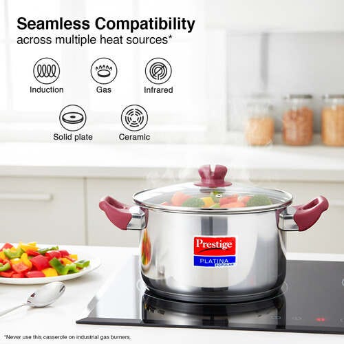 Prestige Platina Popular Stainless Steel Unique Impact Forged Bottom Casserole with Glass Lid, 20cm (3 L) (Silver)
