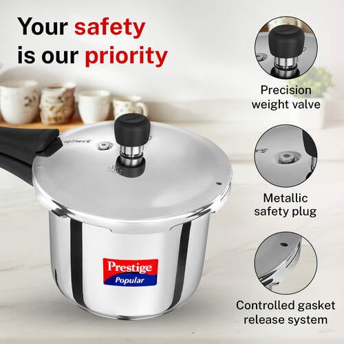Prestige 3 Litre Stainless Steel Popular Outer Lid Pressure Cooker | TRIPLY Base | Gas & Induction Compatible | Gasket Release System | Metallic Safety Plug | 5Y Warranty | ISI Certified