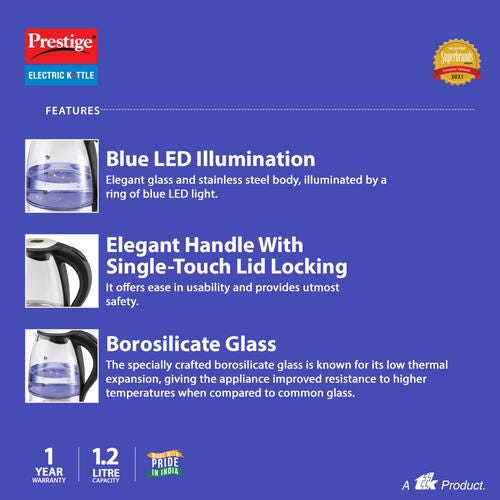 Prestige PGKL 1.2 Electric Glass Kettle 1500W, 1.2 L (Clear)