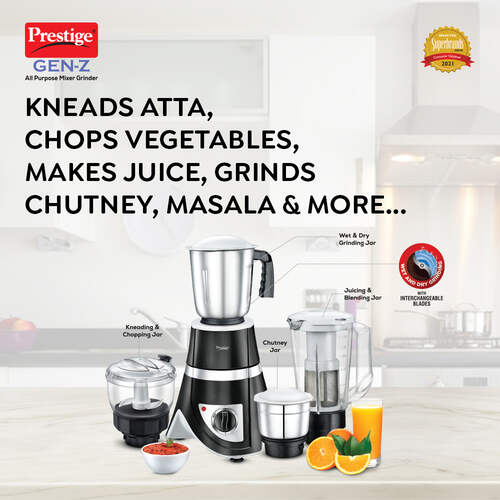 Prestige GEN-Z 750 W All Purpose Juicer Mixer Grinder, 4 Jars (1500 ml, 1500 ml, 500 ml) (Black)