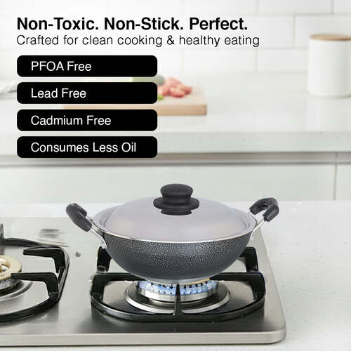 Prestige Omega Select Plus Superior Non-stick Coating Round Base Kadai with Lid, 17cm (Black)