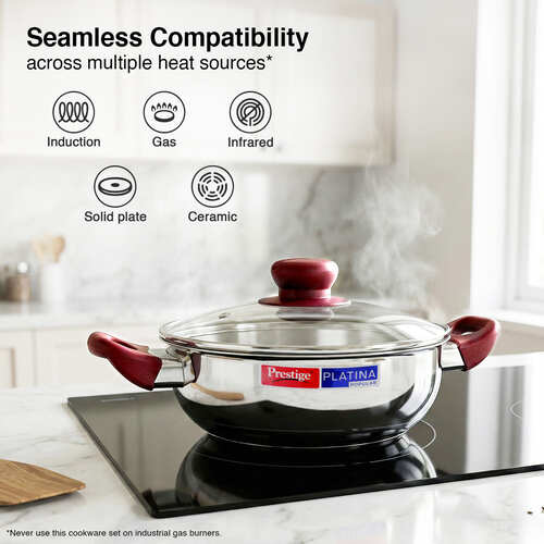 Prestige Platina Popular Stainless Steel Unique Impact Forged Bottom Kadai with Toughened Glass Lid, 28cm (4.6 L)  (Silver)