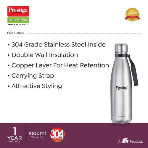 Prestige Thermopro PWSL Stainless Steel Vacuum Water Bottle, 1.0L (Silver)