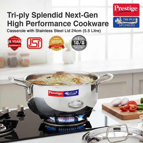 Prestige 24cm/5.5L Tri-Ply Stainless Steel Splendid Casserole| Gas and Induction Compatible |Even Heat Distribution| Thick Gauge Tri-Ply Body| Perma Cool Handles|15 Year Warranty