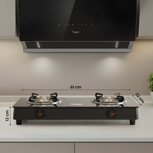 Prestige Iris 2 Burner Gas Stove | Toughened Glass Top | Tri-Pin Brass Burners | Ergonomic Knob | Black | 2Y Warranty | ISI Certified