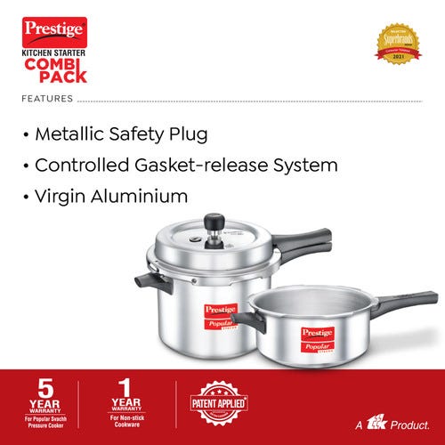 Prestige Kitchen Starter Pack (Popular Svachh 5 Ltr + 3 Ltr Body without Lid + Fry Pan 20Cm + Tawa 27.5Cm)