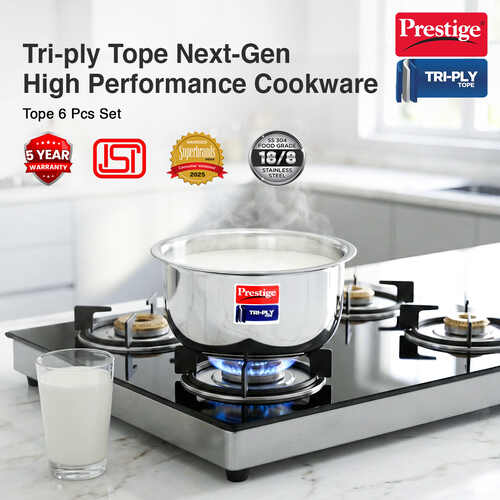 Prestige 6-Piece Tri-Ply Stainless Steel Tope Set| Gas & Induction Compatible| Even Heat Distribution| Strong and Durable| 5 Years Warranty