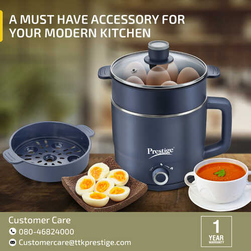 Prestige Multi-Cooker 1.5 Litre PMC 4.0 with Steamer and Egg Rack| Precise Temperature Control| Elegant Glass Lid| Concealed Element| 360 Degree Swivel| Cool Touch Handle