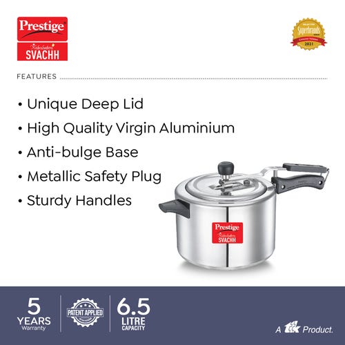 Prestige Nakshatra Plus Svachh Aluminium Spillage Control Pressure Cooker 6.5 L (Silver)
