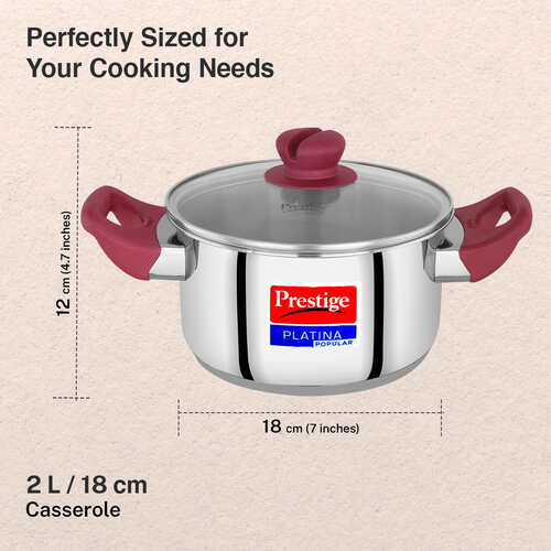 Prestige Platina Popular Stainless Steel Unique Impact Forged Bottom Casserole with Glass Lid, 18cm (2 L) (Silver)
