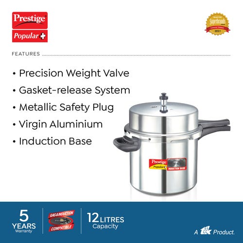 Prestige Popular Plus Virgin Aluminium Gas and Induction Compatible Pressure Cooker, 12 L (Silver)