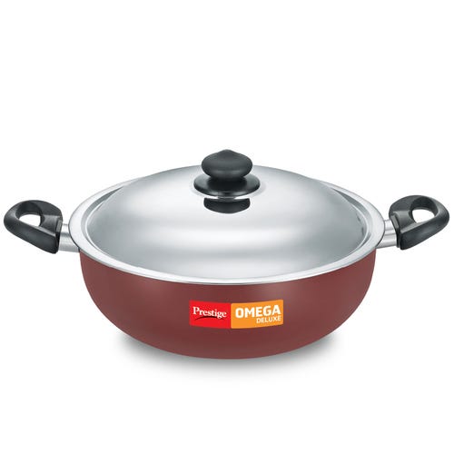 Prestige (30cm/ 6L) Omega Deluxe Non-Stick Kadai with Stainless Steel Lid|Gas and Induction Compatible (Red)