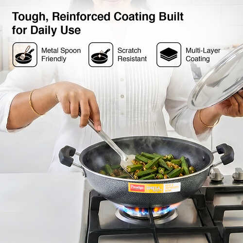 Prestige Omega Select Plus Aluminium Flat Base Non-Stick Coating Kadai with SS Lid, 25cm (Black)