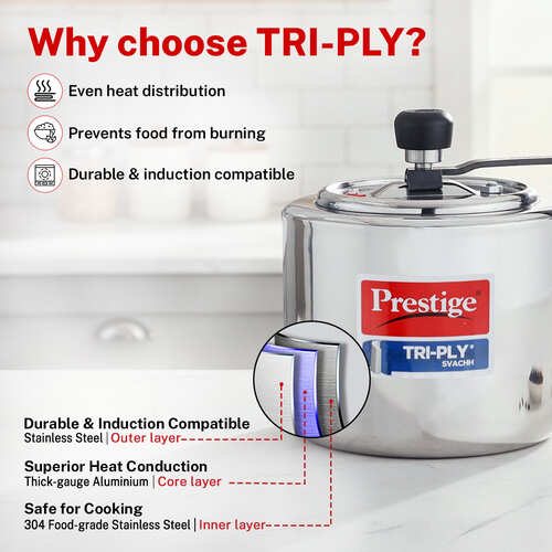 Prestige 3 Litre TRIPLY Svachh Inner Lid Pressure Cooker | Deep Lid for Spillage Control | Visual Pressure Indicator | Metallic Safety Plug | VPI | Gas & Induction Compatible | 5Y Warranty | ISI