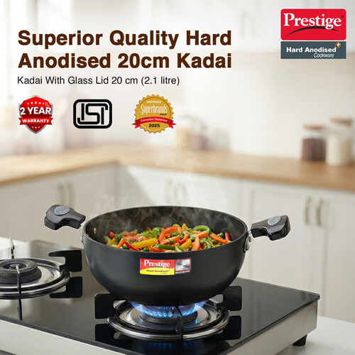 Prestige Hard Anodised Plus Gas and Induction Compatible Kadai with Glass Lid, Black