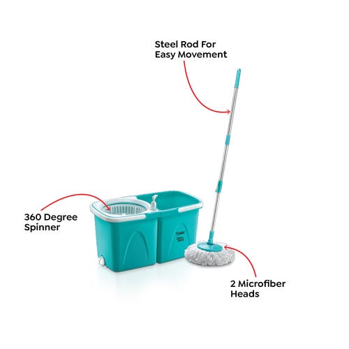 Prestige CleanHome PSB 03 Plastic Magic Mop with Two Mop Heads and Twin Bucket, 6.5L (Blue)