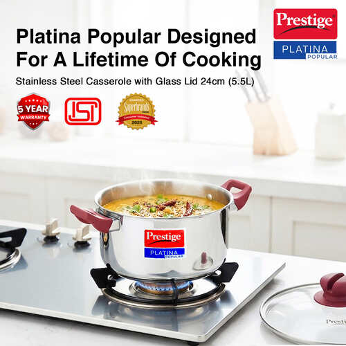 Prestige Platina Popular Stainless Steel Unique Impact Forged Bottom Casserole with Glass Lid, 24cm (5.5 L) (Silver)