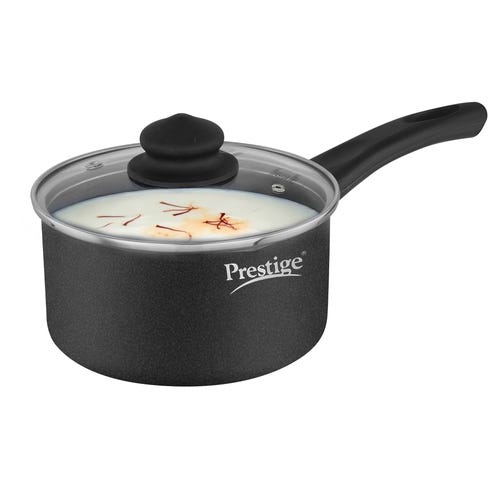 Prestige Omega Deluxe Granite Non-stick Round Base Milk Pan with Glass Lid (Black) 16 cm