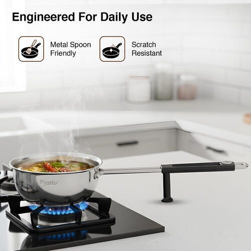Prestige 13cm/550ml Tri-Ply Stainless Steel Splendor Tadka Pan|Gas & Induction Compatible| Rimmed Edge| In-Built Stand| Heat Resistance Handle| Thick Gauge| Life Time Warranty