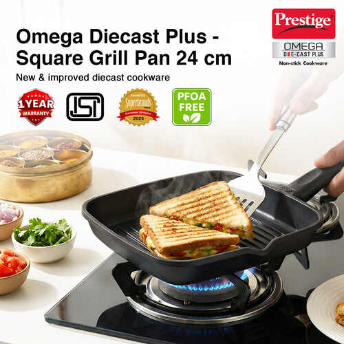Prestige Omega Die Cast + Aluminium Non-Stick Square Grill Pan 24cm 3-Layer Easy Release Coating|Thick 5.5 mm Base|Induction Base|Die-Cast Body|Black