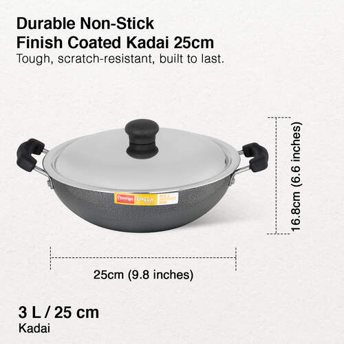 Prestige Omega Select Plus Aluminium Flat Base Non-Stick Coating Kadai with SS Lid, 25cm (Black)