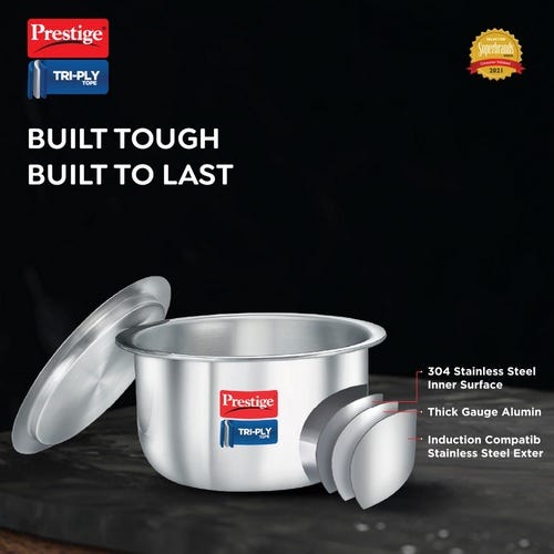 Prestige Tri-ply Stainless Steel Induction Base Tope with Lid, (Silver)