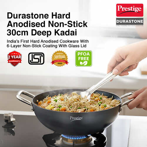 PRESTIGE DURASTONE HARD ANODISED NON-STICK COOKWARE DEEP KADAI 30cm (5 LITRE) WITH GLASS LID