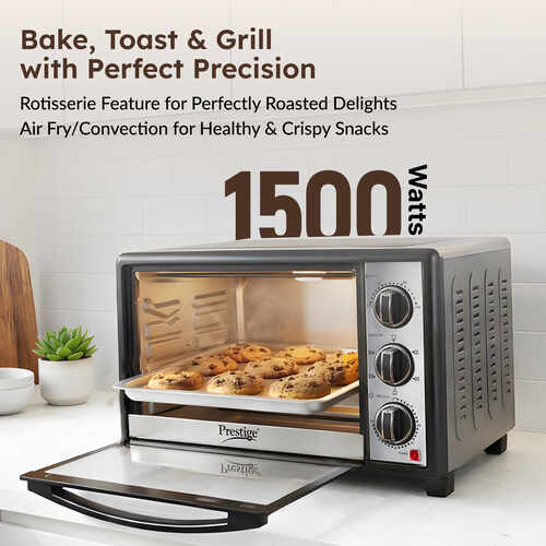 Prestige POTG 28AC 28 Litres OTG | 1500 Watts | Air Fry | Rotisserie | | 2 High Efficiency Heaters | Temperature Control with Timer | 5 Function Control | Crumb Tray |  2Y Warranty