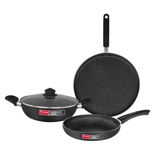 Prestige Omega Deluxe Granite Alpha 3 Piece BYK Non-Stick Cookware Set| Kadai 24cm with Glass Lid, Omni Tawa 28cm and Fry Pan 24cm| Gas and Induction Compatible| 5 Layer Non-Stick Coating