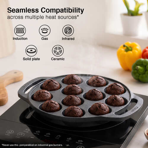 Prestige Cast Iron Paniyarakkal/Appe Patra 12 pit | Ferrocast Flo | Non-Stick | Gas & Induction Compatible | Chemical Free | Preseasoned | Sturdy Handle | Healthy Eating | Lifetime Warranty