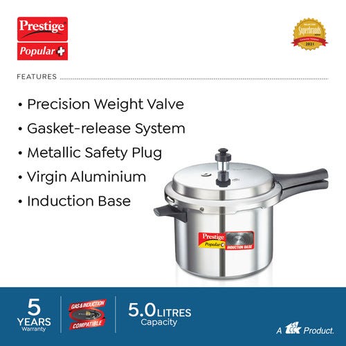 Prestige Popular Plus Virgin Aluminium Gas and Induction Compatible Pressure Cooker, 5 L (Silver)
