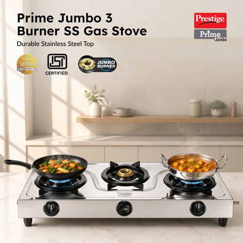 Prestige Prime Jumbo 3B L.P Gas Table|Tri-Pin Burners|Spill-Proof Design Stainless Steel Manual Gas Stove (3 Burners)