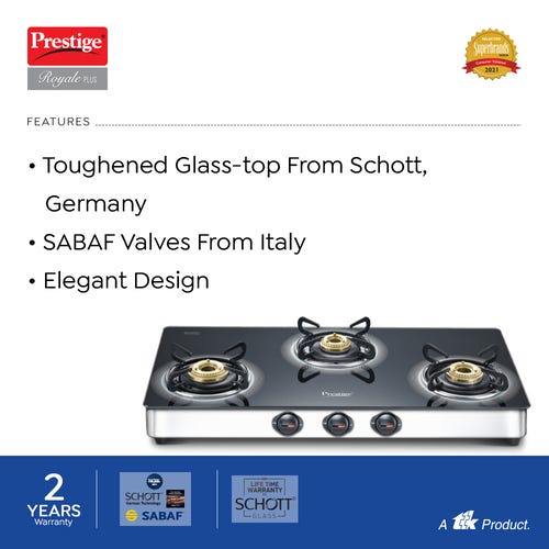 Prestige Royale Plus Schott Glass Top Gas Stove (3 Burners) - GT 03L SS
