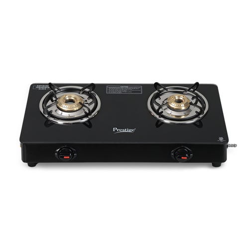 PRESTIGE ATLAS PLUS LP GAS STOVE 1 U GTA-02+ (WITH POWDER COATED BODY, GLASS TOP AND 2 U BRASS BURNERS) & L. P. GAS HOSE (WITH STEEL WIRE RE-INFORCED-1.5m)1 U & GAS LIGHTER PGL 03 1 U & KNIFE 1 U FREE