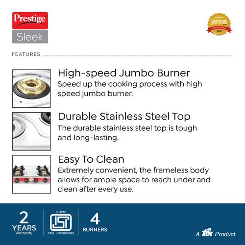 Prestige Sleek Stainless Steel Gas Stove (4 Burners)