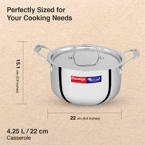 Prestige 22cm/4.25L Tri-Ply Stainless Steel Splendid Casserole| Gas and Induction Compatible |Even Heat Distribution| Thick Gauge Tri-Ply Body| Perma Cool Handles|15 Year Warranty
