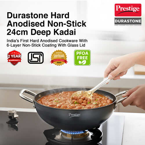 PRESTIGE DURASTONE HARD ANODISED NON-STICK COOKWARE DEEP KADAI 24cm (3 LITRE) WITH GLASS LID