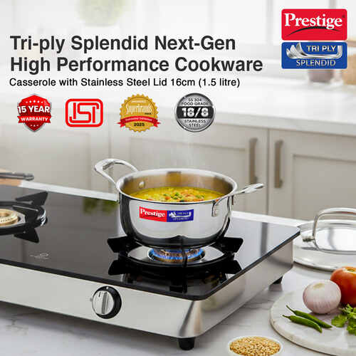 Prestige 16cm/1.5L Tri-Ply Stainless Steel Splendid Casserole| Gas and Induction Compatible |Even Heat Distribution| Thick Gauge Tri-Ply Body| Perma Cool Handles|15 Year Warranty