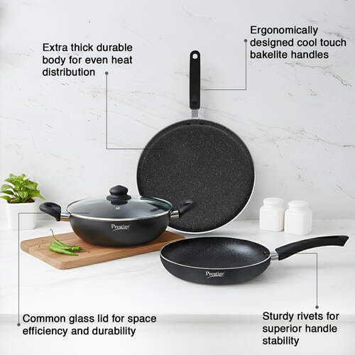 Prestige Omega Deluxe Granite 3 Piece non-stick BYK cookware set (Aluminum)|Contains Fry Pan (24cm), Omni Tawa(28cm), Kadai with lid(24cm)|Black