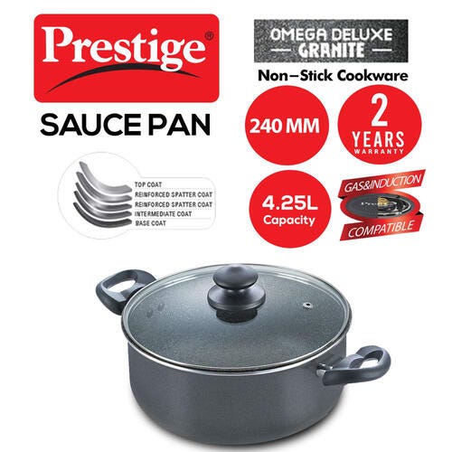 Prestige Omega Deluxe Granite Non-stick Round Base Sauce Pan with Glass Lid (Black)