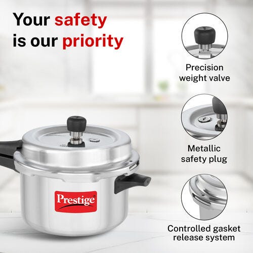 Prestige 4 Litre Aluminium Popular Svachh Outer Lid Pressure Cooker | Deep Lid for Spillage Control | Anti-Bulge Base | Gasket Release System | 5Y Warranty | ISI Certified