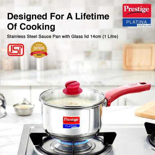 Prestige Platina Popular Stainless Steel Unique Impact Forged Bottom Sauce Pan with Glass Lid, 14cm (1 L) (Silver)