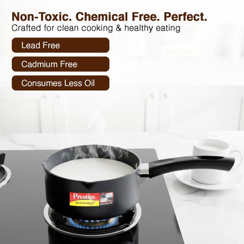 Prestige Hard Anodised Plus Gas and Induction Compatible Milk Pan with Glass Lid, 16cm, 1.5 L (Black)