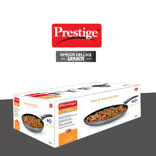 Prestige Omega Deluxe Granite Non-stick Round Base Fry Pan with Glass Lid (Black)