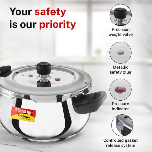 Prestige Deluxe Alpha Svachh Stainless Steel Spillage Control Junior Handi Pressure Cooker, 4 L (Silver)