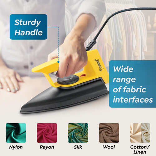 Prestige Magic Magnite 750W Dry Iron|Greblon Non-Stick Coated Sole Plate|Wide Range Of Fabric Interface|Light Weight|Neon Indicator Light|2 Years Warranty|Yellow & Black