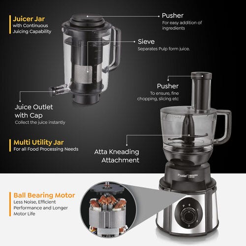 Prestige Endura Pro 1000 Watt Multi Functional Mixer Grinder | Heavy-Duty Ball Bearing Copper Motor | 6 Jars with Food Processing Attachments | 14 Functions in One | 5Y Motor Warranty