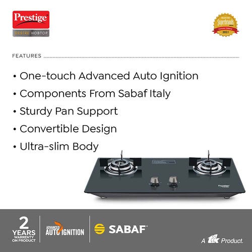 Prestige Desire Hobtop L P Gas Table ( PHTD 02 AI Black With Glass Top, 2 Burners & Auto Ignition)